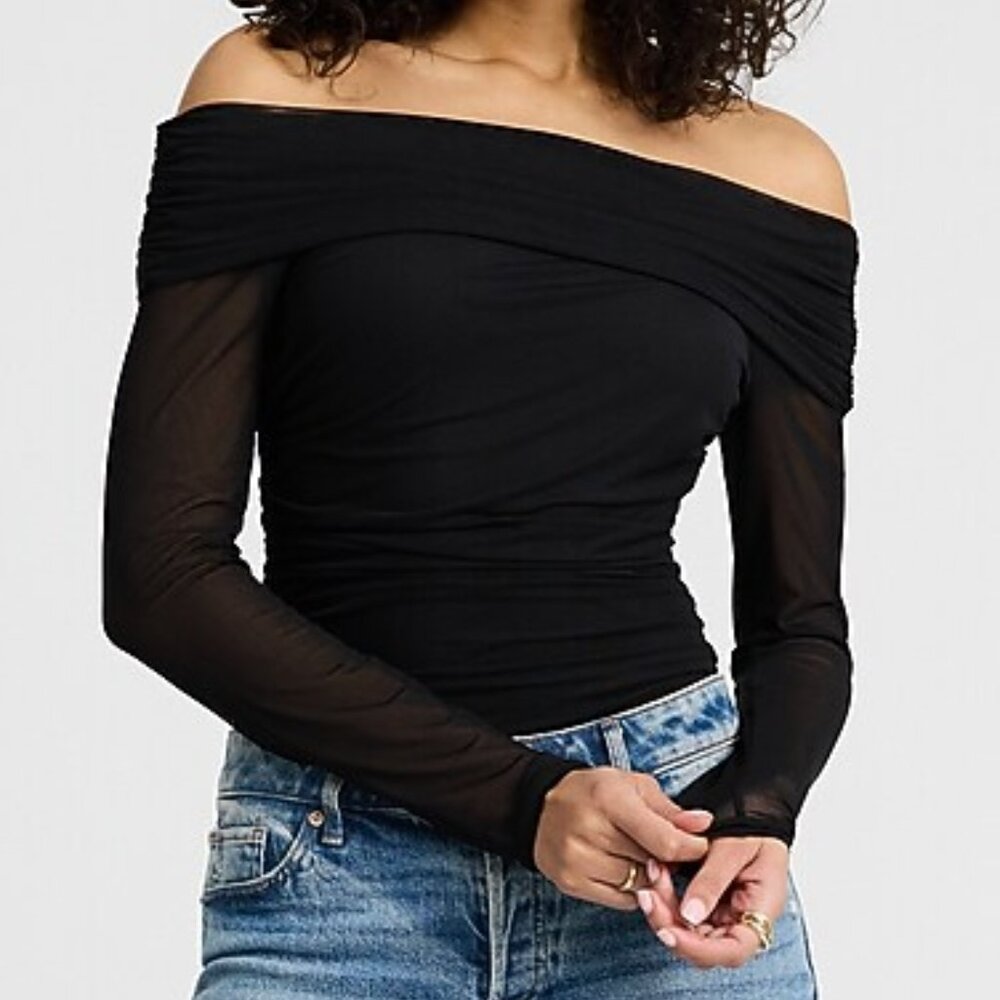 NWOT Black Express Ruched Mesh off the Shoulder Long Sleeve Bodysuit - Size M